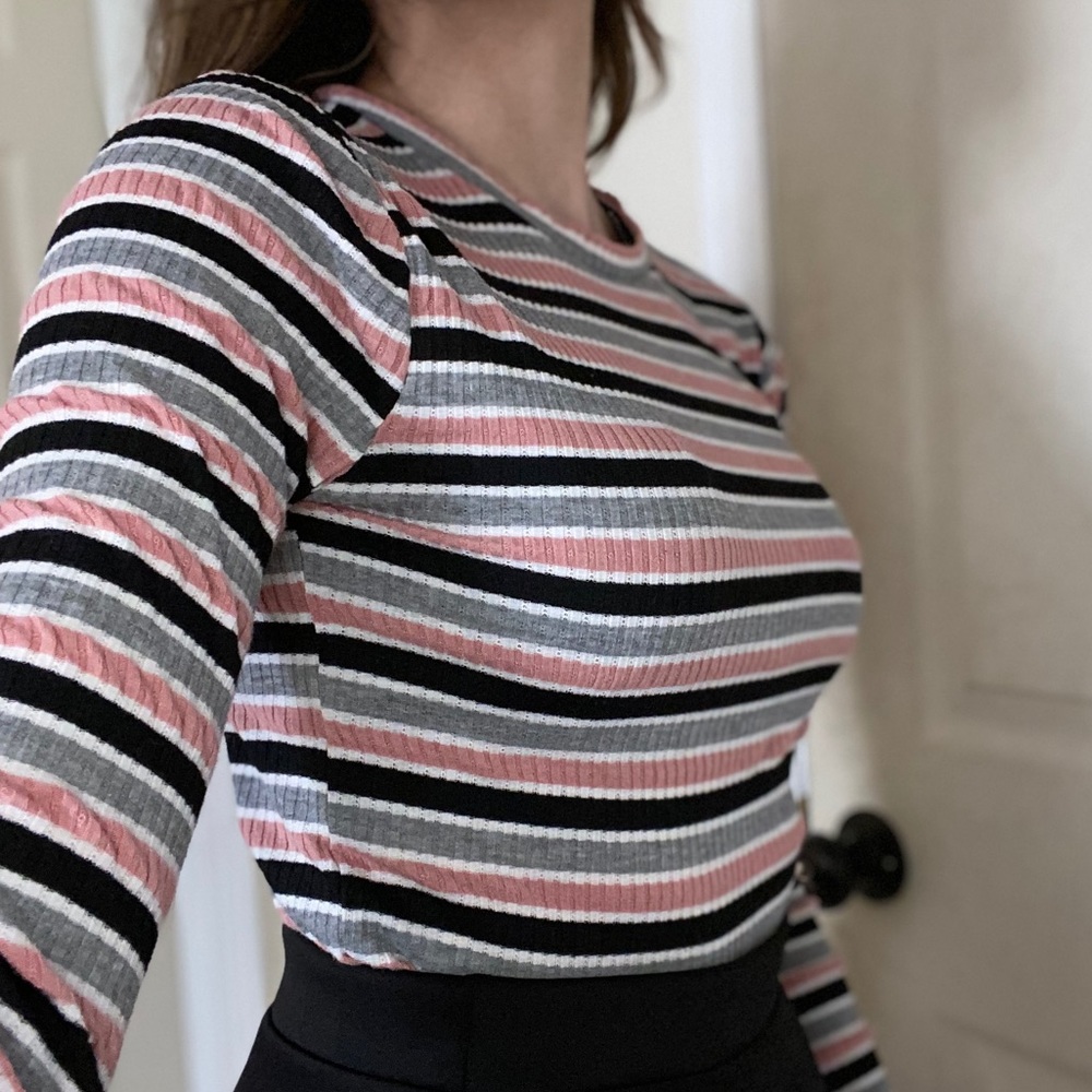 Pink, Grey and Black Striped Long Sleeve Top